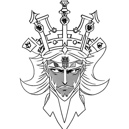 King chess piece but with the next features: the crown is composed by the geass of Code Geass anime and Zero's mask tattoo design idea