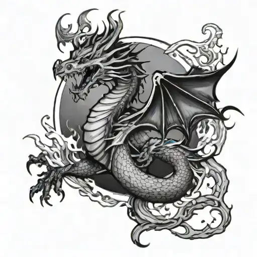 Dragon in flames surrounding the full moon tattoo design idea