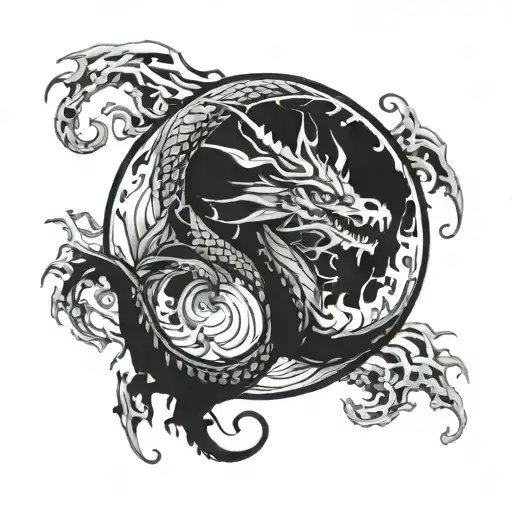Dragon in flames surrounding the full moon tattoo design idea