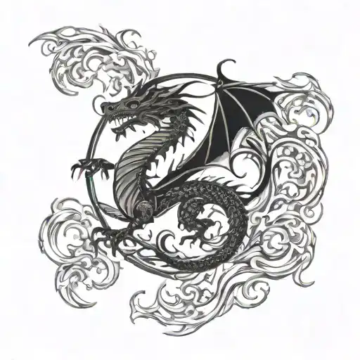 Dragon in flames surrounding the full moon tattoo design idea