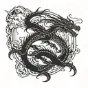 Dragon in flames surrounding the full moon tattoo design idea