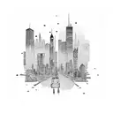 A detailed city skyline with a suitcase tattoo design idea