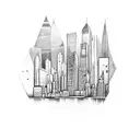 A detailed city skyline with a suitcase tattoo design idea