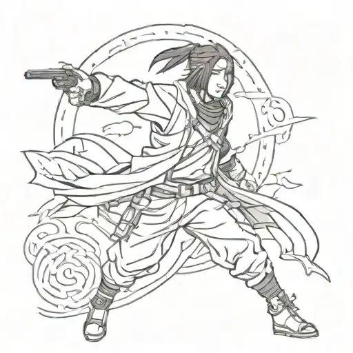 Sketch style tattoo of Itachi Uchiha in his ANBU Black Ops uniform with a crow flying overhead tattoo design idea