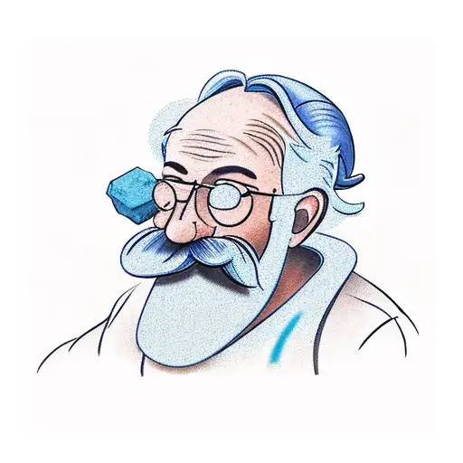 an old man, with blue eyes and a mustache, forging on his anvil, in the open air, a marker with the initials "MW" and a  tattoo design idea