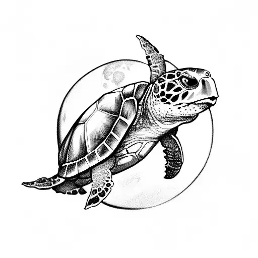 sea turtle with an oak tree and Wolf bowling at the moon  tattoo design idea