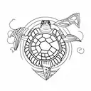 sea turtle base  and designed into its shell, an oak tree and Wolf  tattoo design idea