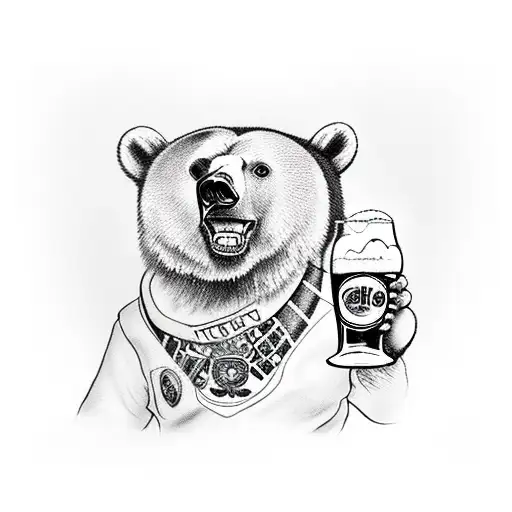 a bear holding a pint of beer and the Romanian flag in the other hand tattoo design idea