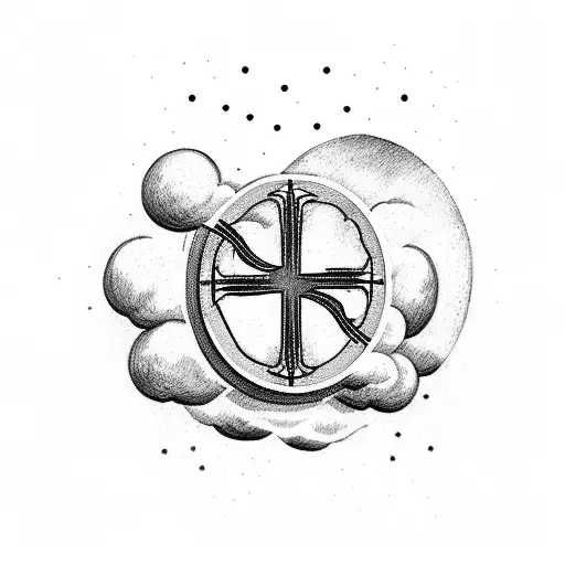 cross with banner that says paula in it and clouds around it tattoo design idea