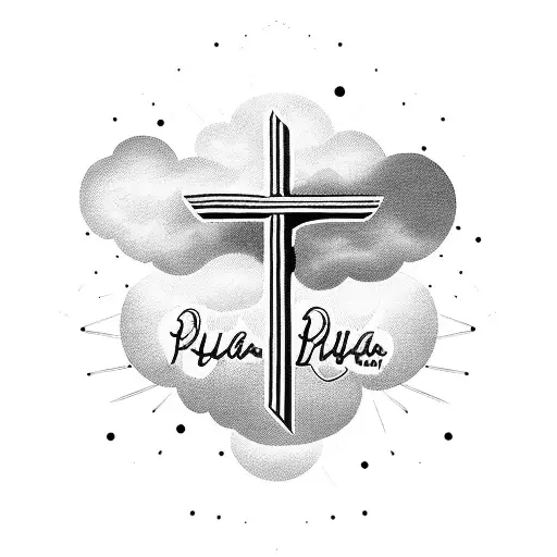 cross with banner that says paula in it and clouds around it tattoo design idea