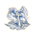 cross with banner that says paula in it and clouds around it tattoo design idea