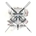 cross with banner that says paula in it and clouds around it tattoo design idea