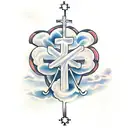 cross with banner that says paula in it and clouds around it tattoo design idea