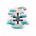 cross with banner that says paula in it and clouds around it tattoo design idea