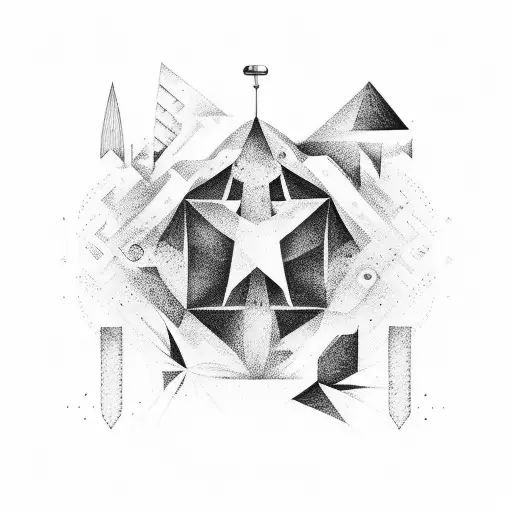 A surrealistic interpretation of the DADA movement with a polar star in the background tattoo design idea