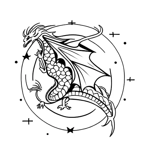 A minimalist tattoo of a dragon flying over a starry sky tattoo design idea