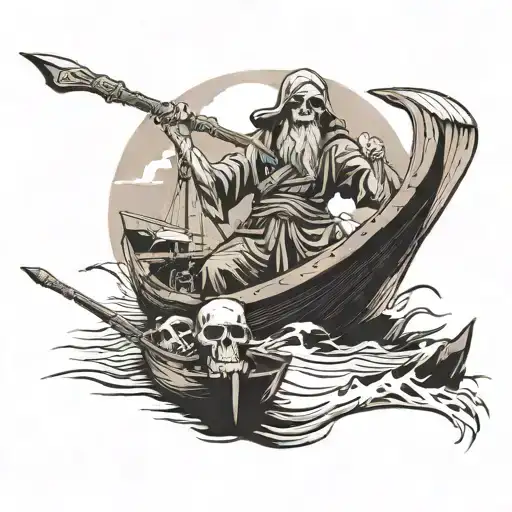 Design a shoulder tattoo. The scene shows Charon, a grim ferryman, on a boat crossing the River Styx with a dead person  tattoo design idea