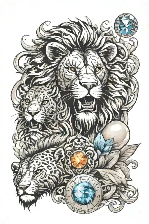 dad tribute tattoo 1955-2024 zodiac sign Leo using fierce lion with august birthstone eyes and a fire background tattoo design idea