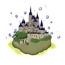 Castle from Howl's Moving Castle surrounded by stars, soot sprites, and wysteria tattoo design idea