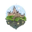 Castle from Howl's Moving Castle surrounded by stars, soot sprites, and wysteria tattoo design idea