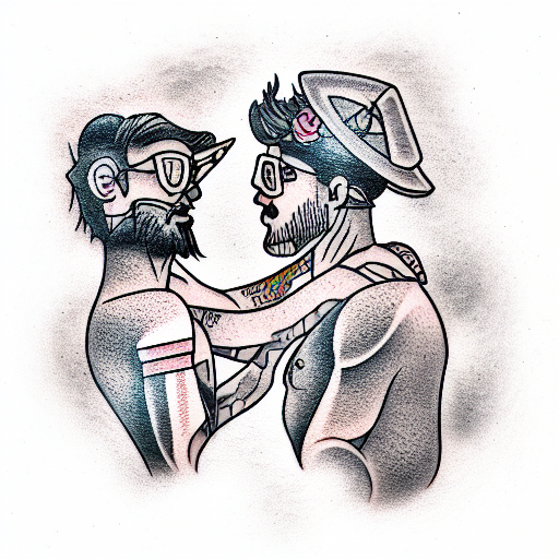 two gay hipster blacksmiths kissing next to a forge tattoo design idea
