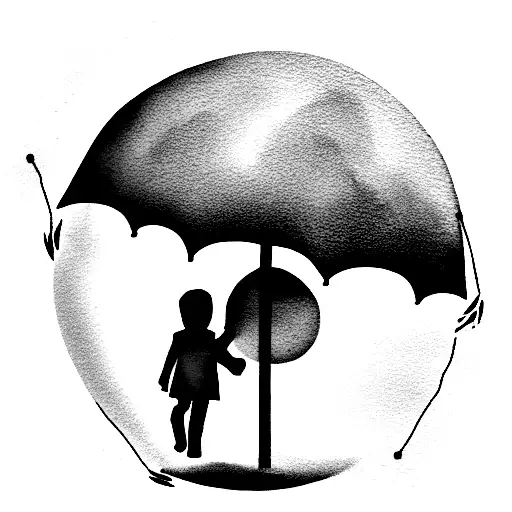 kid holding umbrella with purple rain coming down from a cloud tattoo design idea