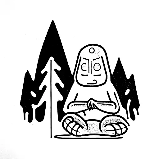 sad alien with bigfoot sitting at campfire tattoo design idea