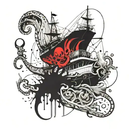 I want a space pirate ship to be attacked by an alien squid.  The tentacles must surround the ship and tear it apart. tattoo design idea