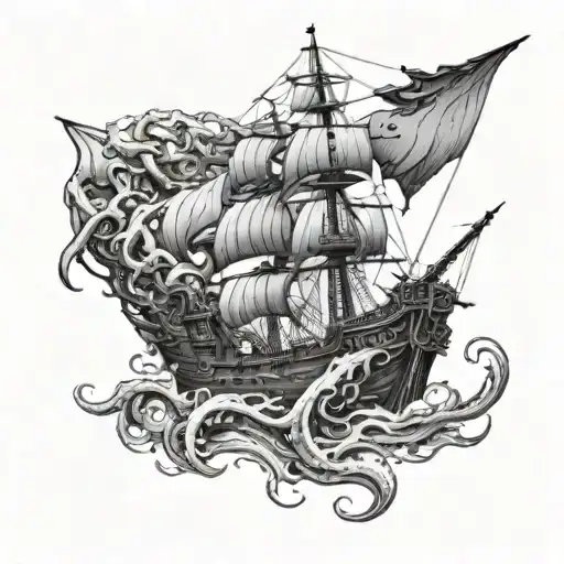 I want a space pirate ship to be attacked by an alien squid.  The tentacles must surround the ship and tear it apart. tattoo design idea
