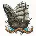 I want a space pirate ship to be attacked by an alien squid  tattoo design idea