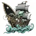 I want a space pirate ship to be attacked by an alien squid  tattoo design idea