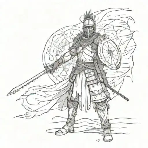 A sketch of a fierce warrior with elements of Komando weaponry and the Turkish flag as a backdrop tattoo design idea