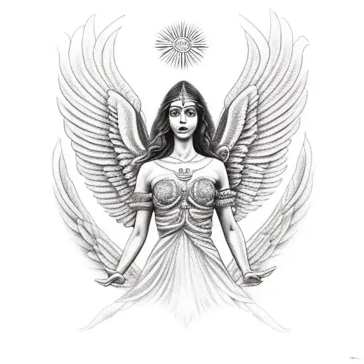 A divine goddess with angelic wings holding a radiant sun in her hands tattoo design idea