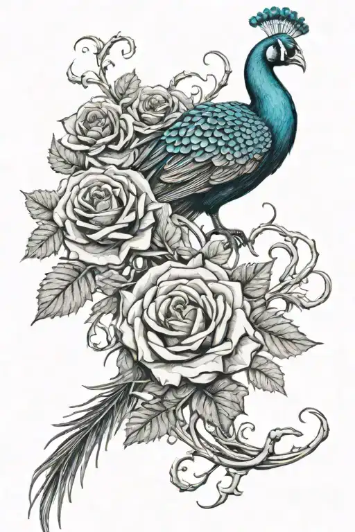 thick bloody thorny vines growing bloody roses intertwined with peacock tattoo design idea