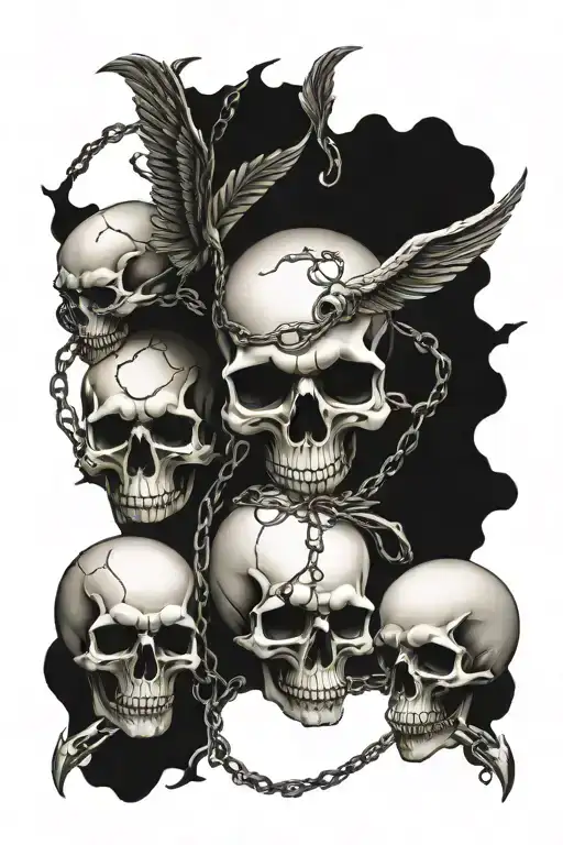 two skull against, one evil and one angel glory, chains in the background hold by little birds tattoo design idea