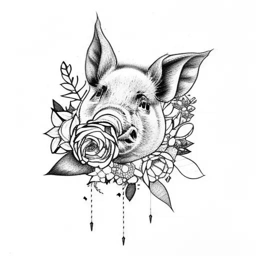 a pig with flowers behind and some sunshine outlines tattoo design idea