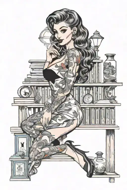 pin up model library shelf filled tattoo design idea
