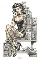pin up model library shelf filled tattoo design idea