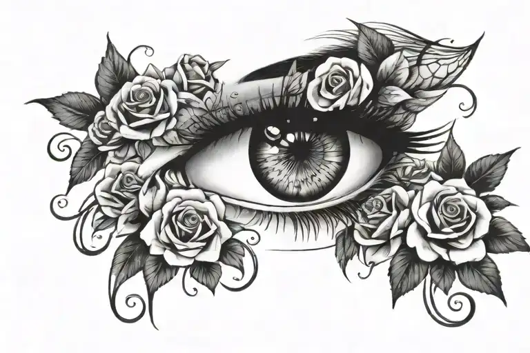 eyes of a girl with long lashes and sorrounded by a roses with a writing says "my love for you will never ends" tattoo design idea