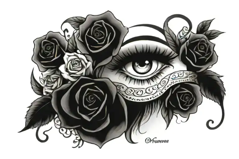 eyes of a girl with long lashes and sorrounded by a roses with a writing says "my love for you will never ends" in greek tattoo design idea