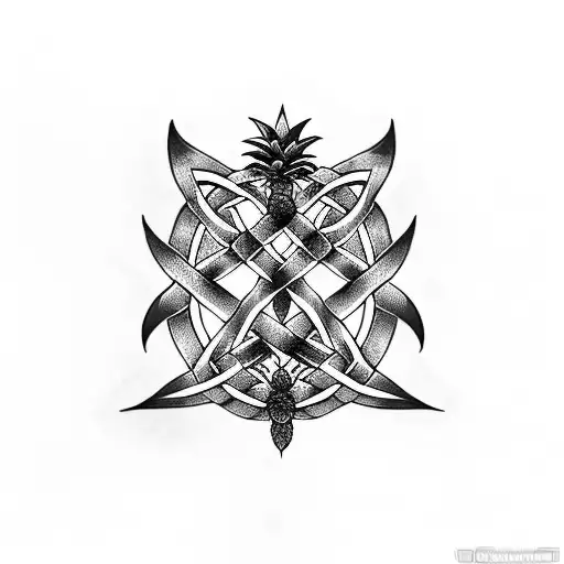 upside-down pineapple, celtic knotwork, on upper right chest and shoulder tattoo design idea