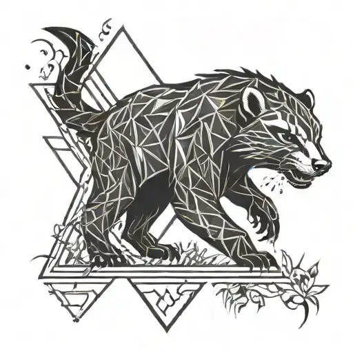 honey badger with sharp teeth in flames and leaves in a triangle shape  tattoo design idea