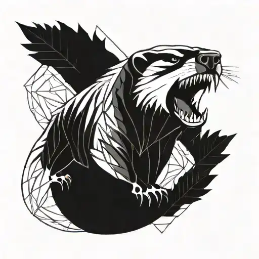 honey badger with sharp teeth in flames and leaves in a geometric shape  tattoo design idea