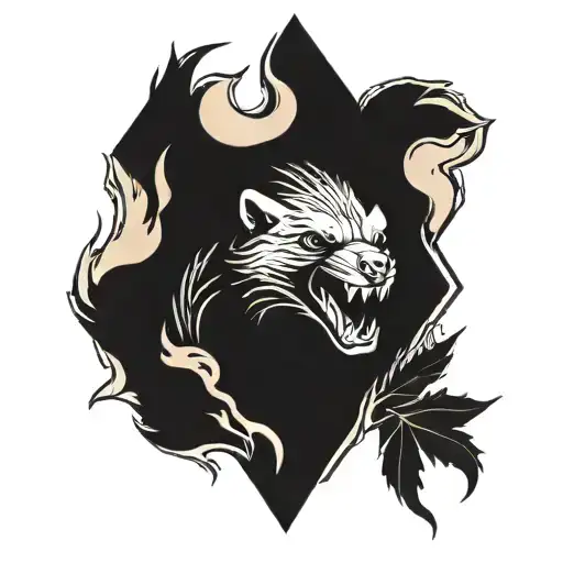 honey badger with sharp teeth in flames and leaves in a triangle shape  tattoo design idea