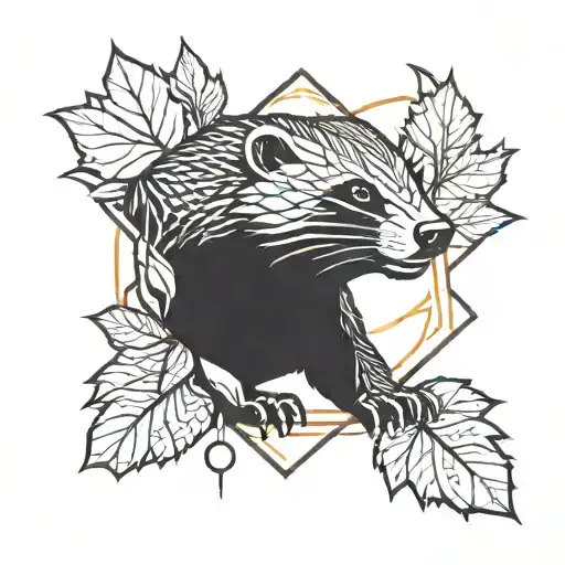 honey badger with sharp teeth in flames and leaves in a geometric shape  tattoo design idea