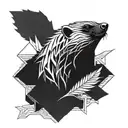 honey badger with sharp teeth in flames and leaves in a geometric shape  tattoo design idea