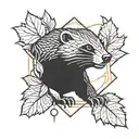 honey badger with sharp teeth in flames and leaves in a geometric shape  tattoo design idea