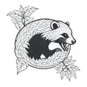honey badger with sharp teeth in flames and leaves in a geometric shape  tattoo design idea