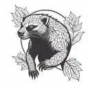 honey badger with sharp teeth in flames and leaves in a geometric shape  tattoo design idea
