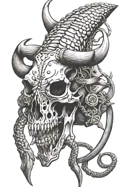 bull skull in desert with rattle snake and barn wire tattoo design idea